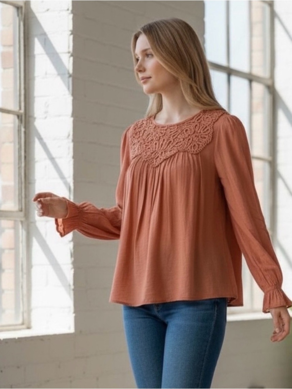 Blu Pepper Dusty Rust Crochet-Yoke Long Sleeve Blouse Feminine